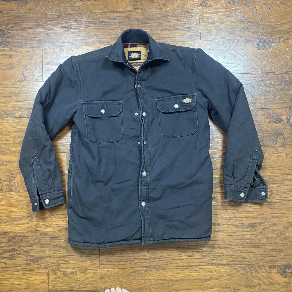 Dickies Mens Black Canvas Quilted Flannel Lined Snap Front Work Shirt Jacket XS